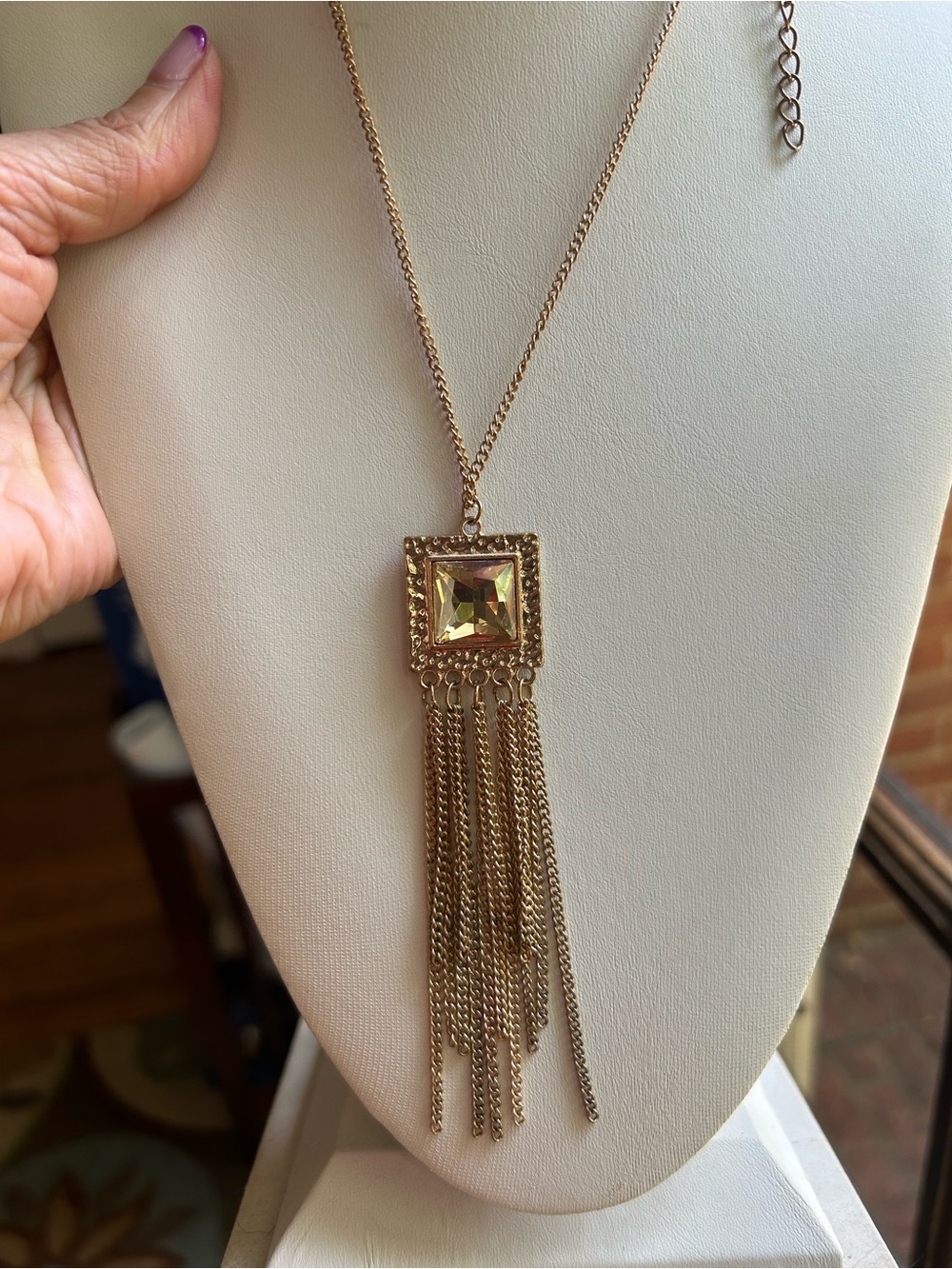 Gold Tassel Pendant Necklace with Iridescent Square
